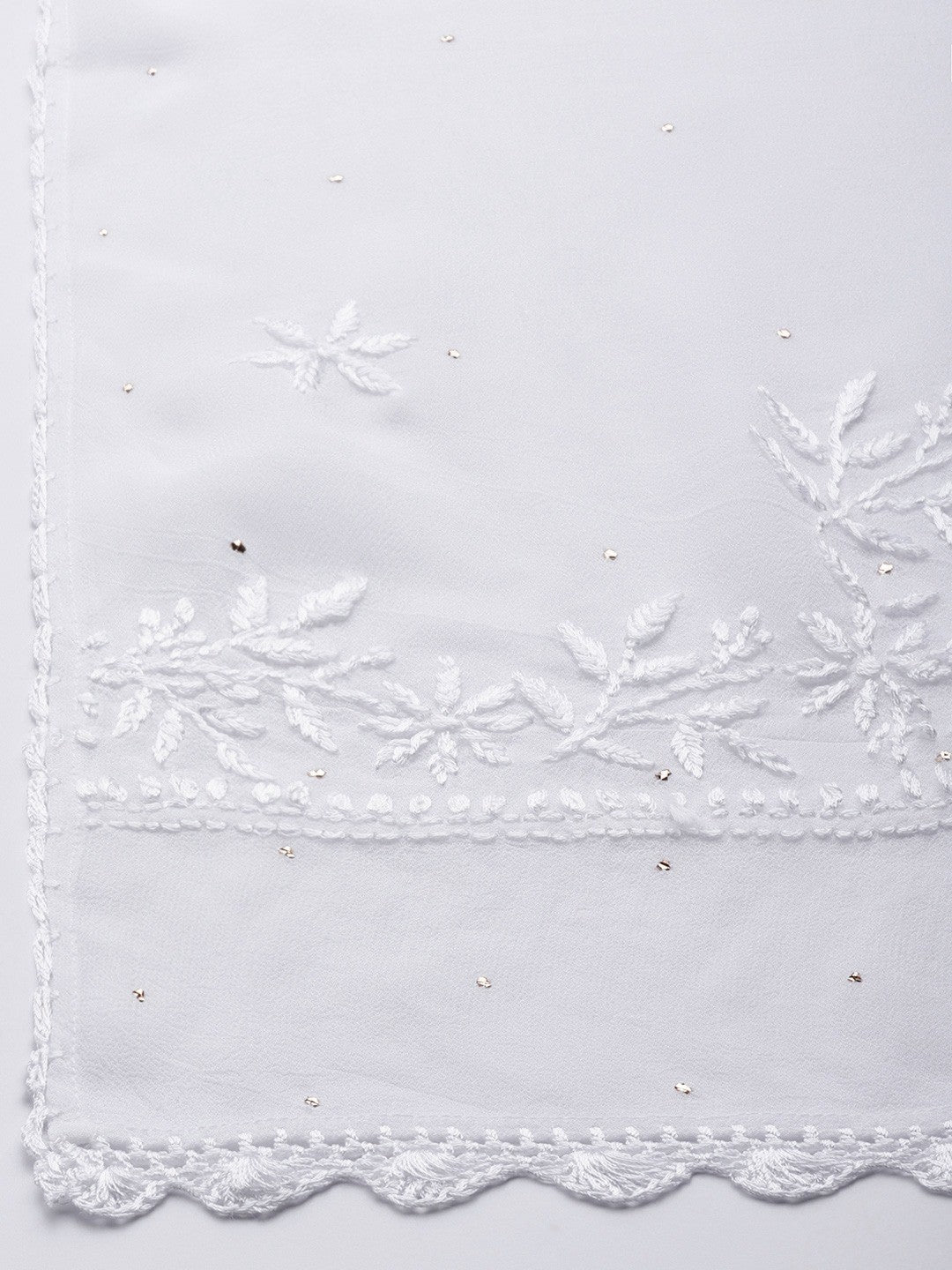 Ada Hand Embroidered White Georgette Lucknowi Chikankari Dupatta With Muqaish Work A511187