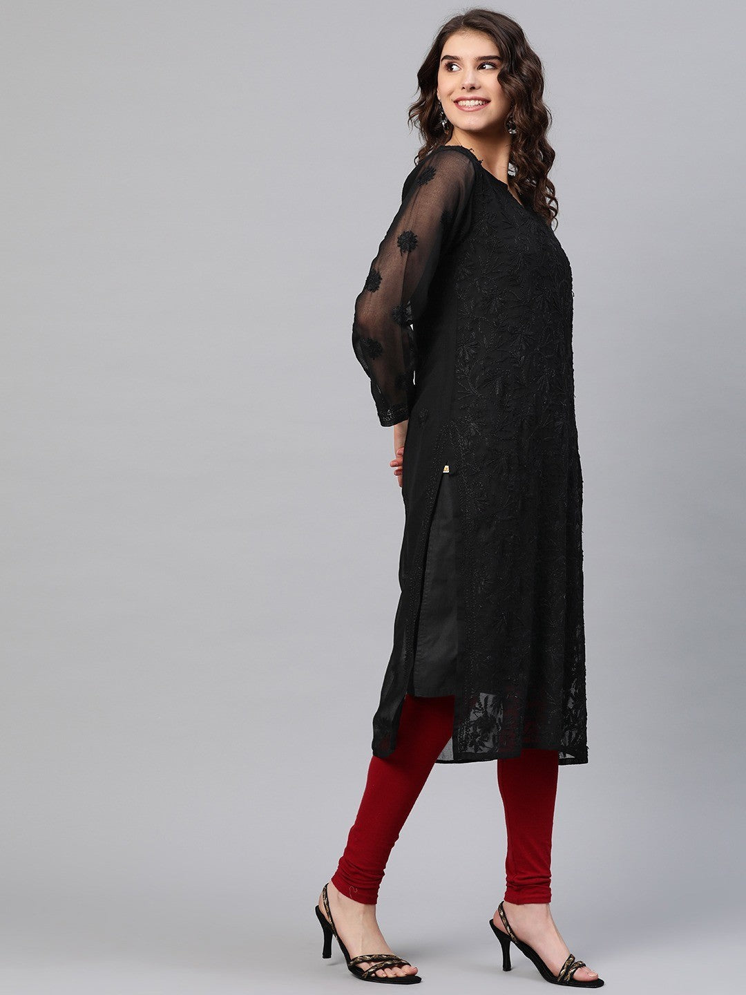 Ada Hand Embroidered Black Georgette Lucknow Chikankari Straight Kurta with Slip A200509