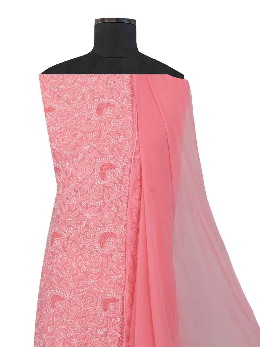 Ada Hand Embroidered Carrot Pink Cotton Lucknowi Chikankari Unstitched Suit Piece 01A213275