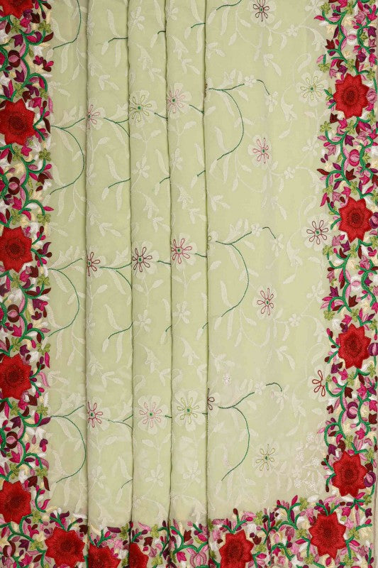 Ada Hand Embroidered Pistachio Green Pure Georgette Lucknow Chikan Saree With Blouse- A94298