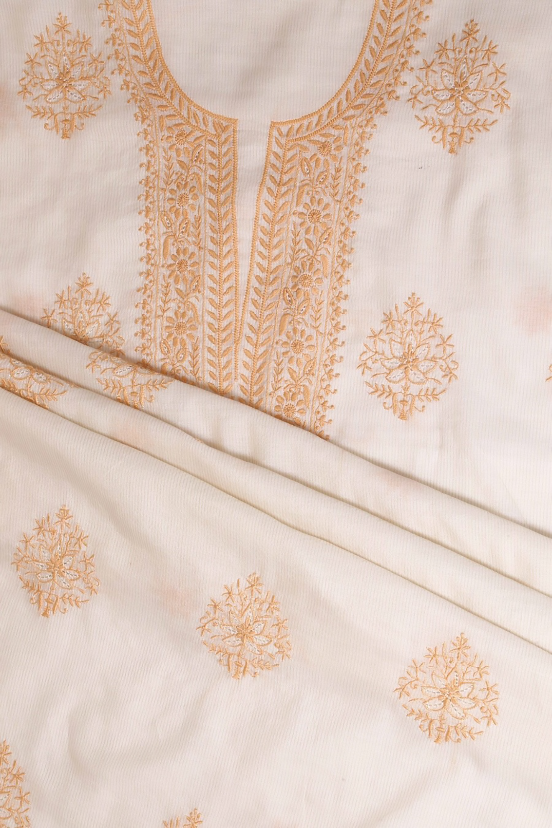 Ada Hand Embroidered Cream Chanderi Lucknowi Chikankari Unstitched Kurta Dupatta Set 01A10301