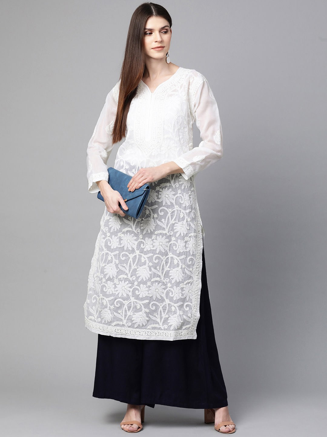 Ada Hand Embroidered White Cotton Lucknow Chikankari Straight Kurta-A100423