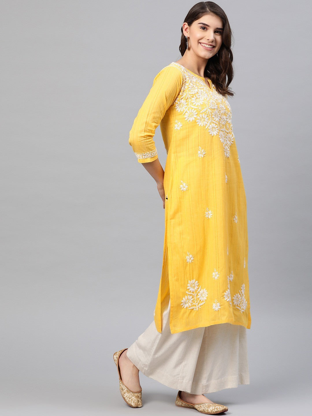 Ada Hand Embroidered Yellow Cotton Lucknow Chikankari Kurta A411166