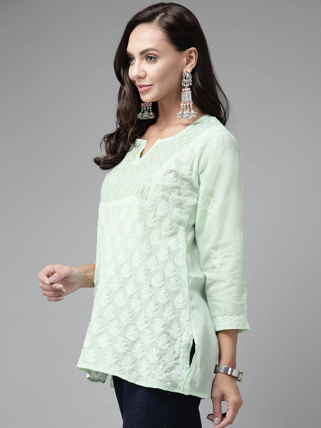 Ada Hand Embroidered Green Cotton Lucknow Chikan Short Kurti A911215