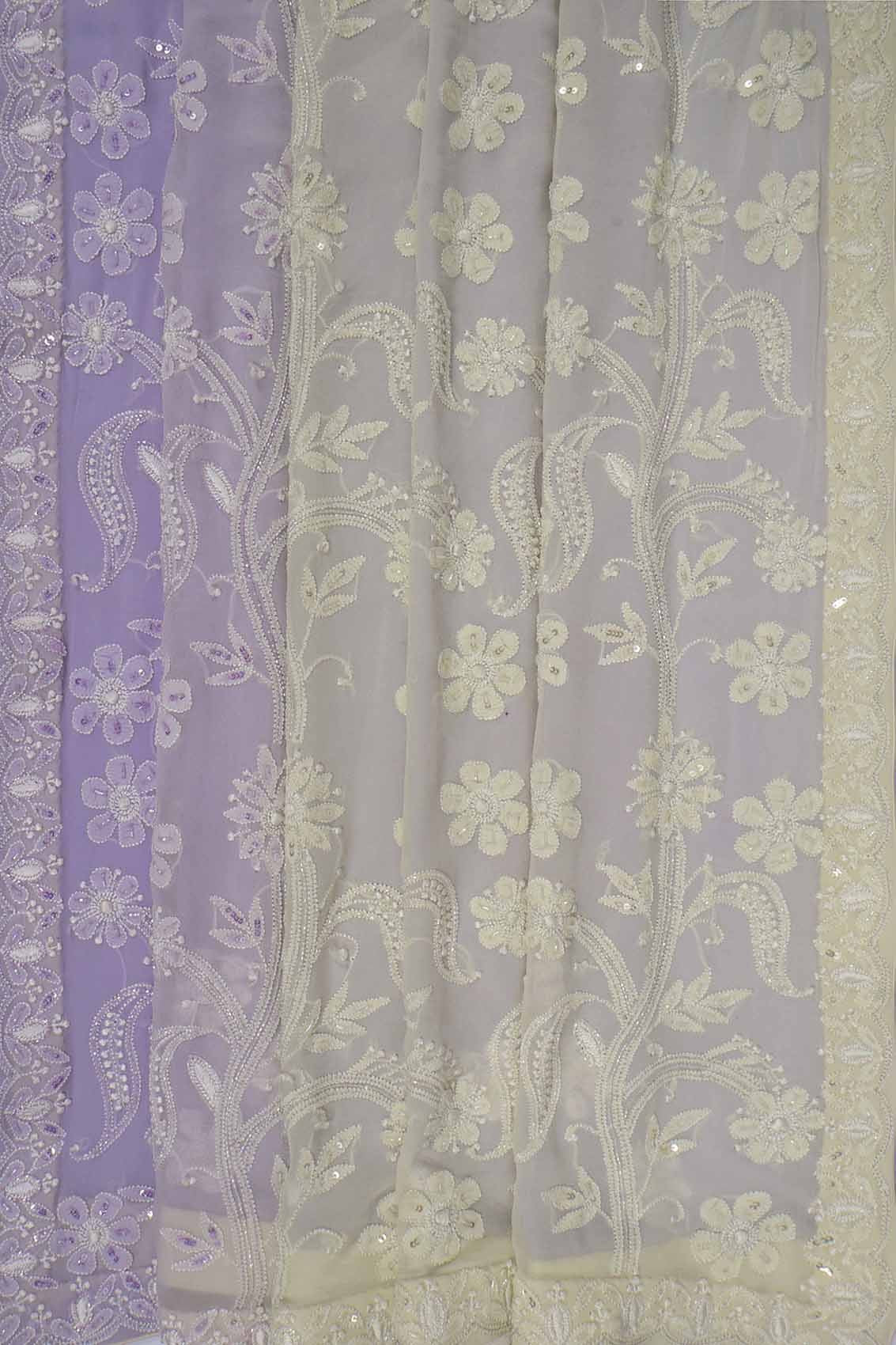 Ada Hand Embroidered Mauve & Cream Ombre Shade Pure Georgette Lucknowi Chikankari Saree/Blouse with Cutdana Work A393538