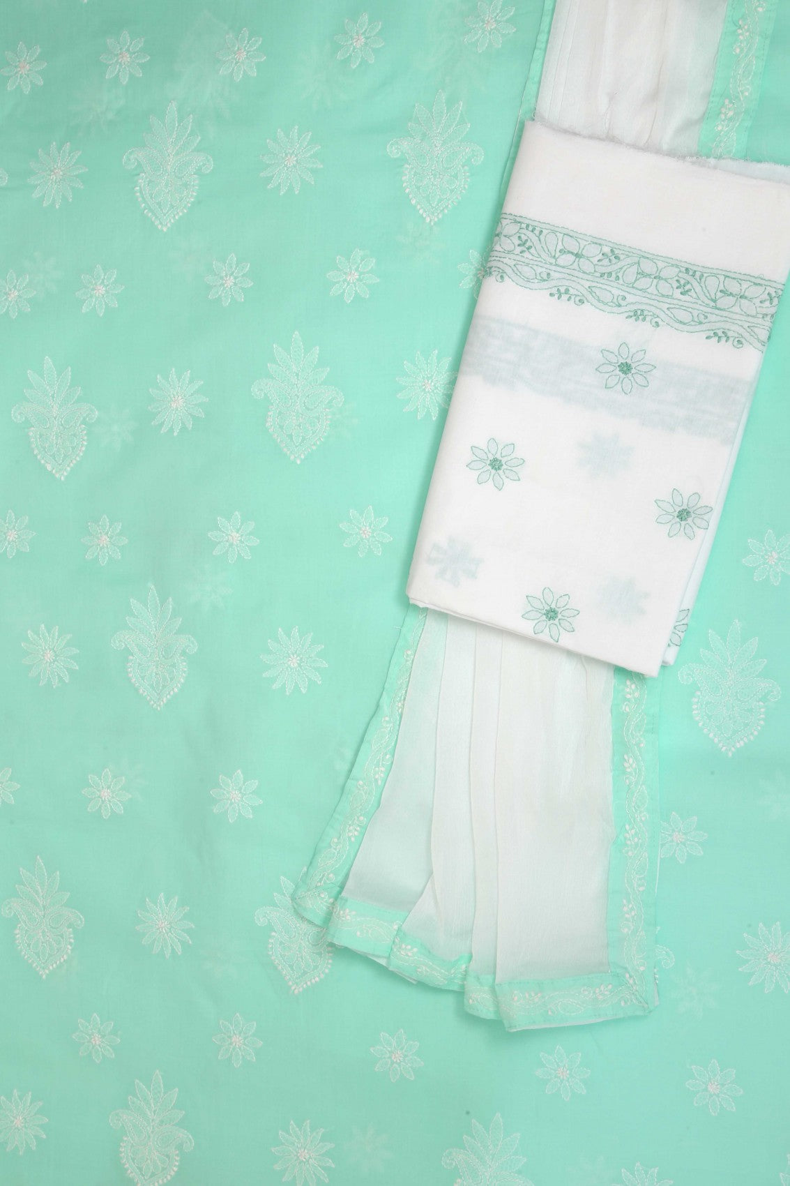 Ada Hand Embroidered Sea Green Cotton Lucknowi Chikankari Unstitched Suit Piece A211199