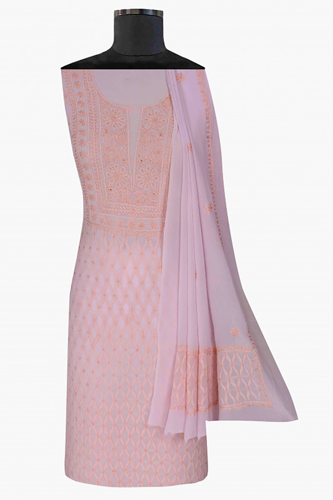 Ada Hand Embroidered Lavender Pure Georgette Lucknowi Chikankari Unstitched Kurta Dupatta Set A460753