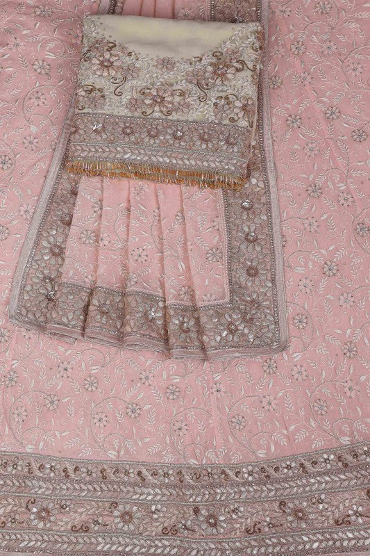 Ada Hand Embroidered Cameo Pink/Cream Pure Georgette Lucknowi Chikankari Lehenga Set With Gota patti Work– A574997