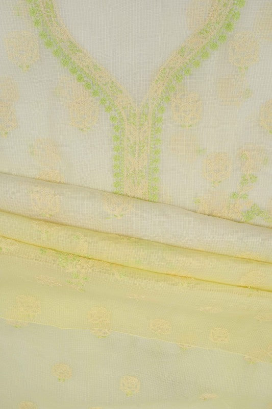 Ada Hand Embroidered Lemon Kota Lucknowi Chikan Unstitched Kurta Dupatta Set A596934