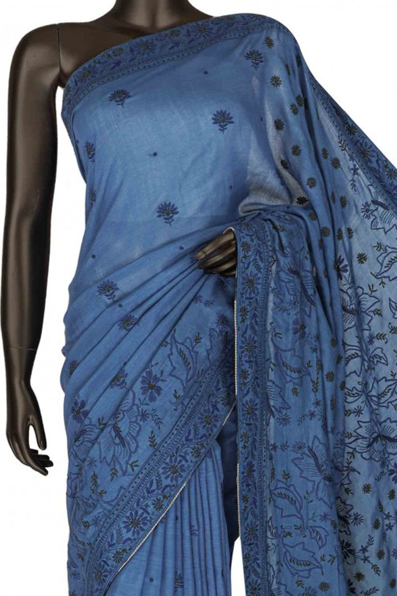 Ada Hand Embroidered Yale Blue Cotton Lucknow Chikan Saree With Blouse-A128656