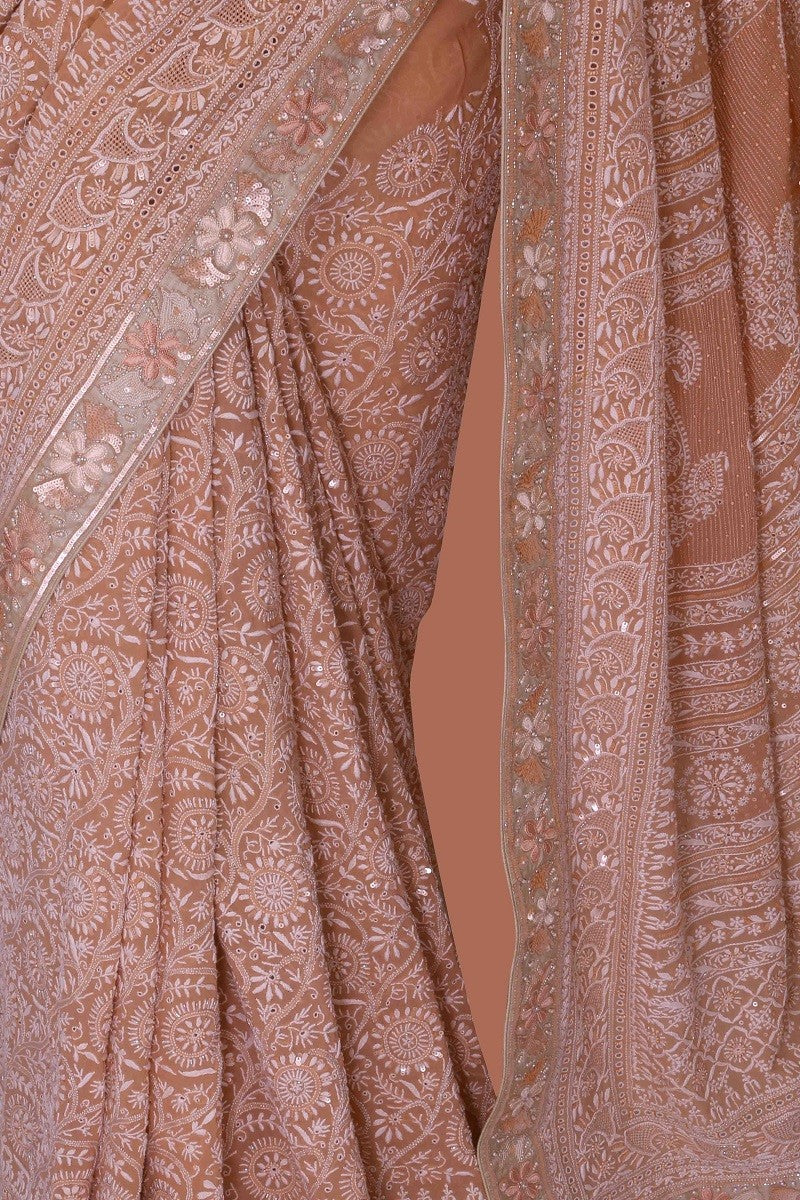 Ada Hand Embroidered Peach Pure Georgette Lucknowi Chikankari Saree/Blouse With Pearl & Sequinned Work -A230256