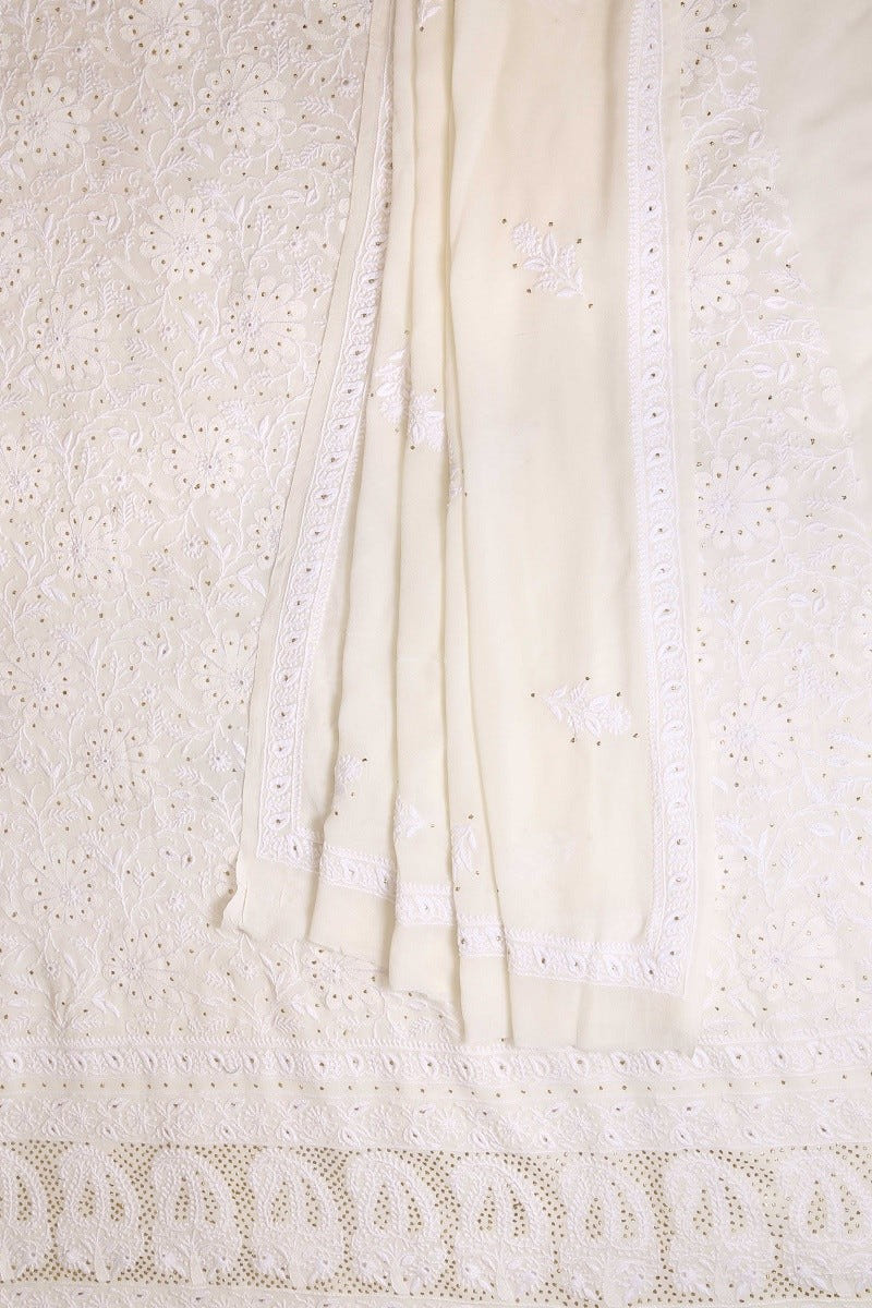 Ada Hand Embroidered White Pure Georgette Lucknowi Chikan Unstitched Kurta Dupatta Set With Muqaish Work-A610887