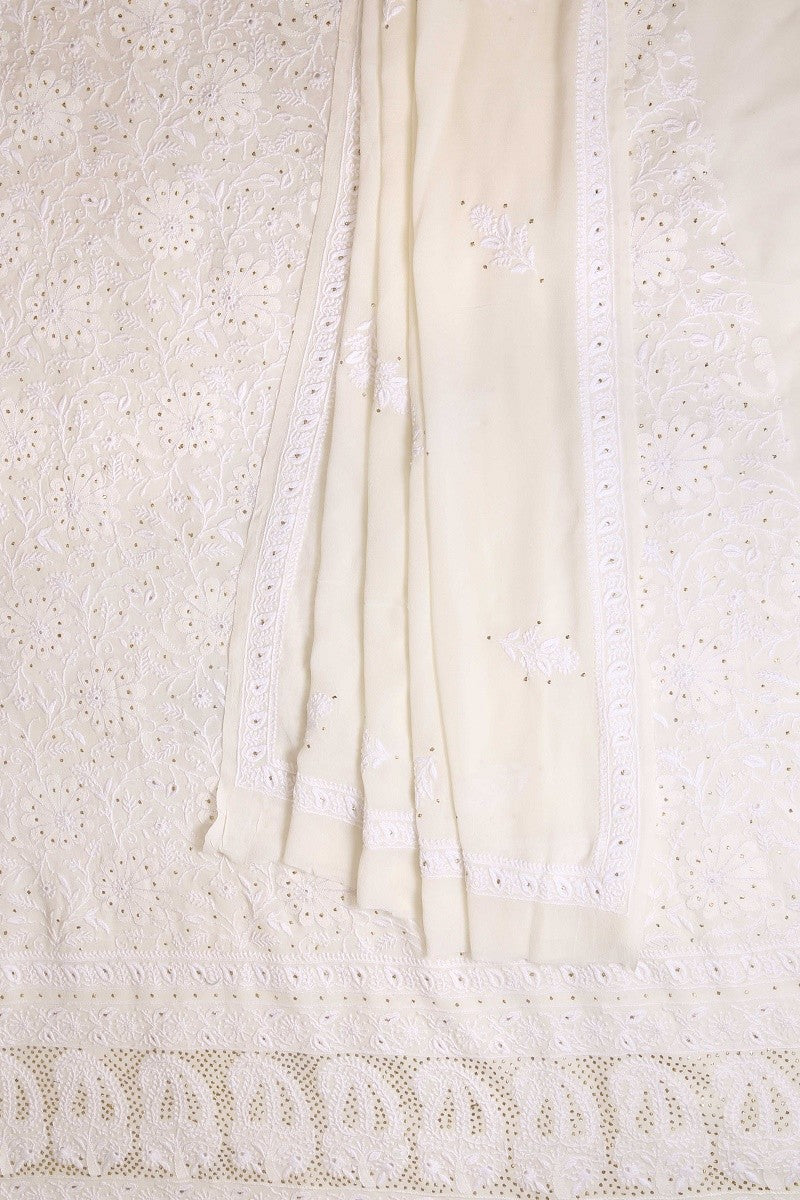 Ada Hand Embroidered White Pure Georgette Lucknowi Chikan Unstitched Kurta Dupatta Set With Muqaish Work-A610887