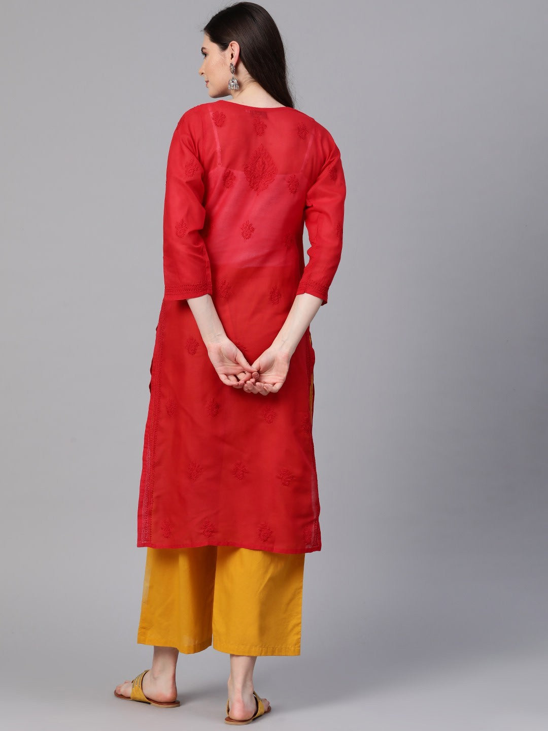 Ada Hand Embroidered Red Cotton Lucknowi Chikankari Straight Kurta A100362