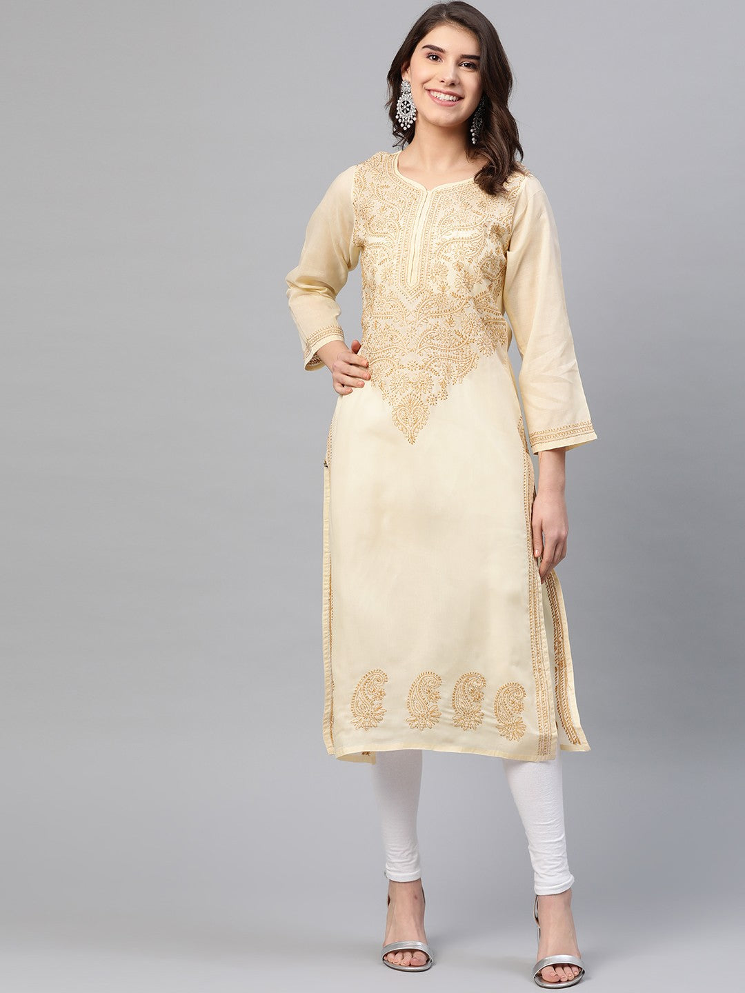 Ada Hand Embroidered Beige Cotton Lucknowi Chikankari Straight Kurta A227642