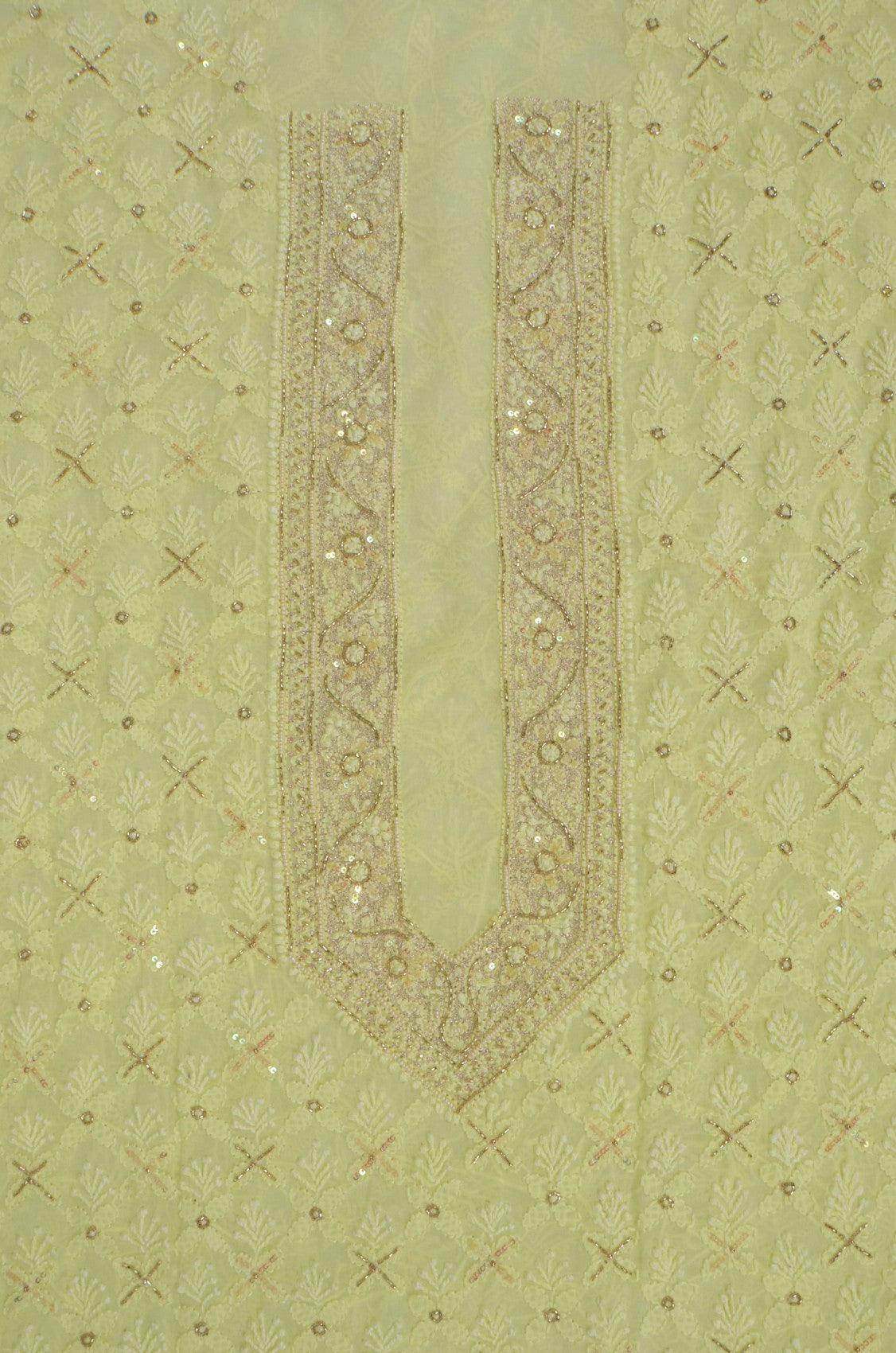 Ada Hand Embroidered Lemon Georgette Lucknowi Chikankari Unstitched Men's Kurta Piece With Cutdana Work 01A231986