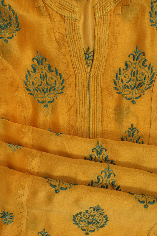 Ada Hand Embroidered Bright Yellow Chanderi Lucknowi Chikankari Unstitched Kurta Dupatta Set A320092