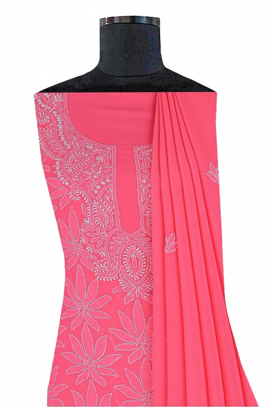 Ada Hand Embroidered Pink Georgette Lucknowi Chikan Unstitched Kurta Dupatta Set A333871
