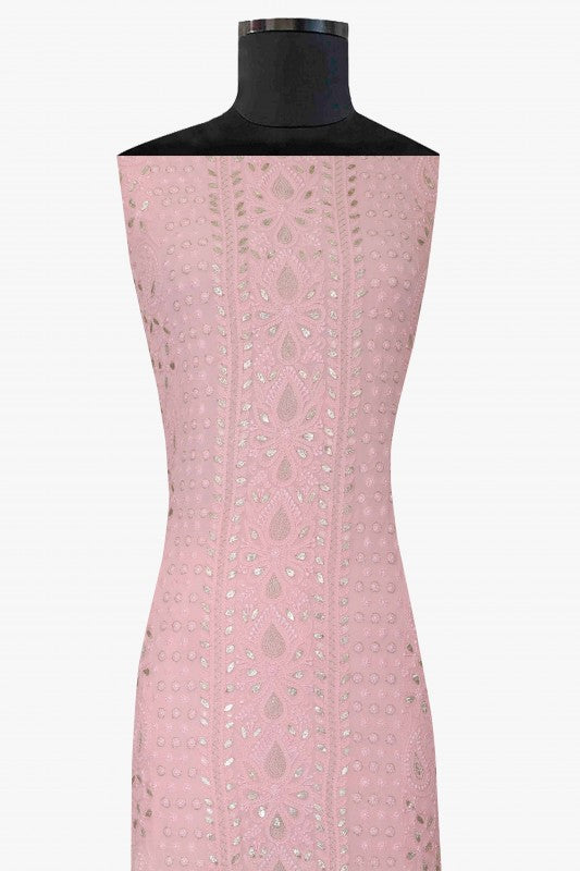 Ada Hand Embroidered Baby Pink Georgette Lucknowi Chikan Unstitched Kurta Piece with Gota Patti Work A579389