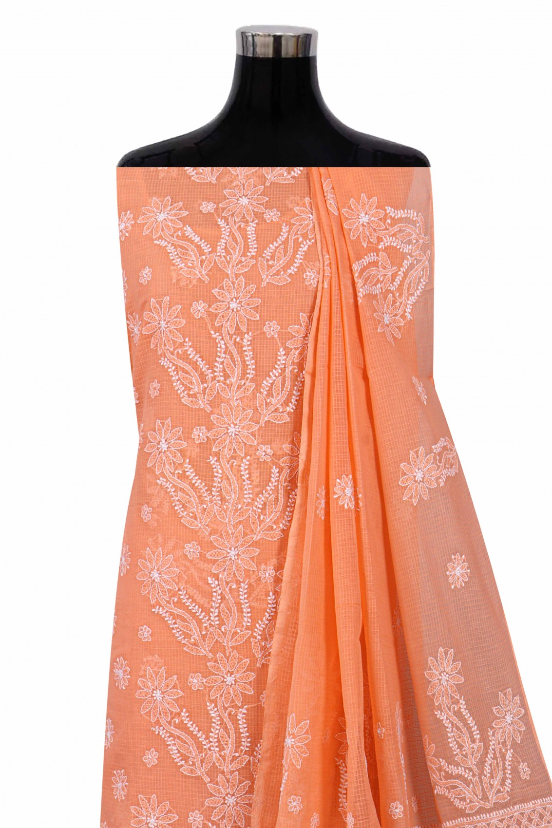 Ada Hand Embroidered Peach Kota Lucknowi Chikan Unstitched Kurta Dupatta Set A596911