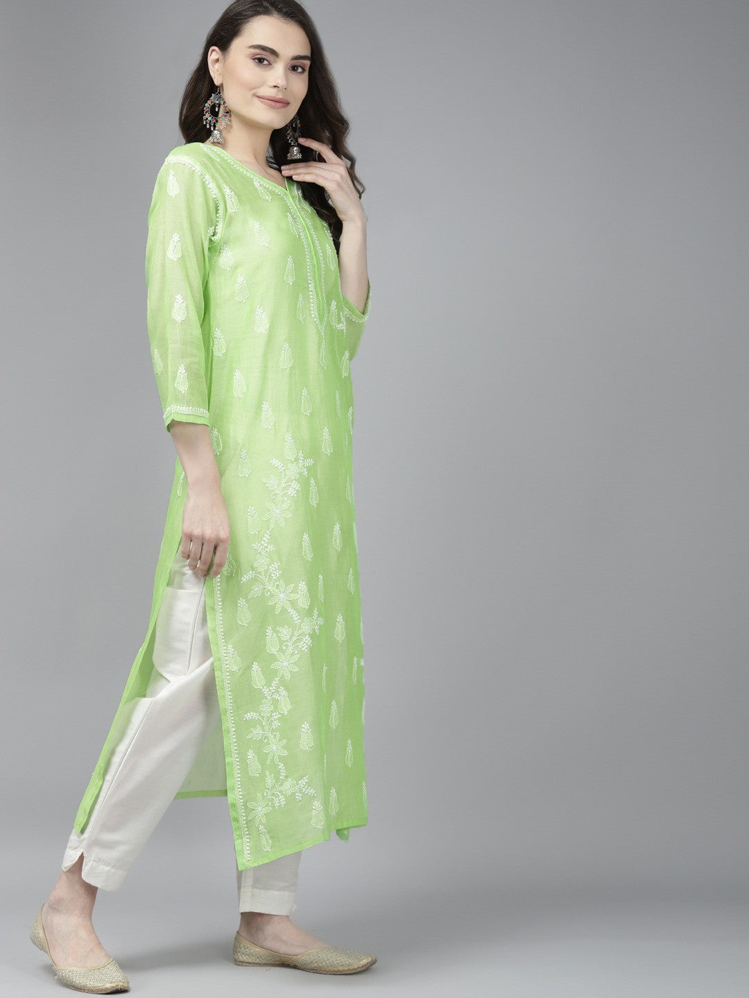 Ada Hand Embroidered Green Chanderi Lucknow Chikankari Kurta A411373