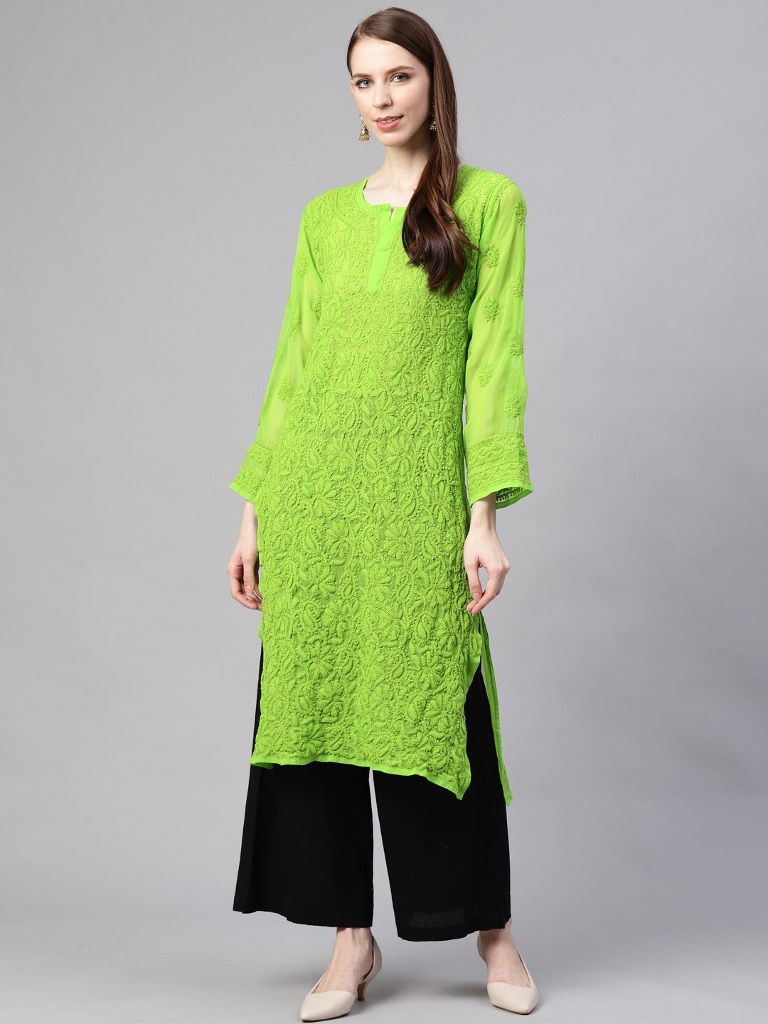 Ada Hand Embroidered Green Georgette Lucknow Chikankari Straight Kurta A100587