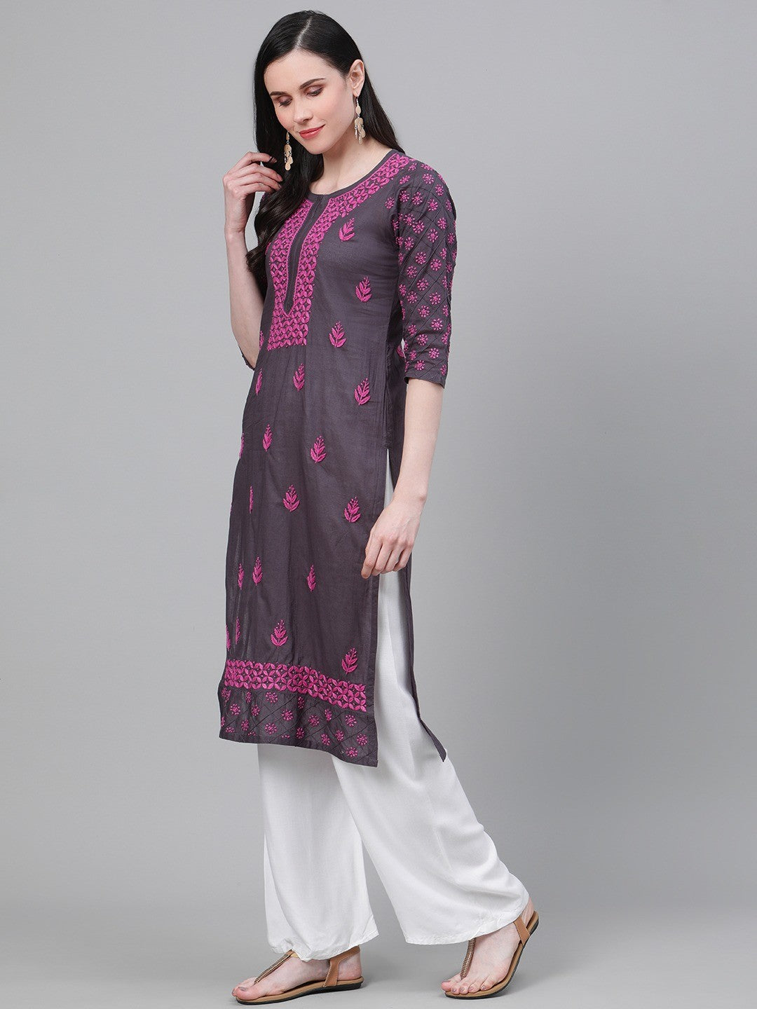 Ada Hand Embroidered Grey Cotton Lucknowi Chikankari Straight Kurta A411147