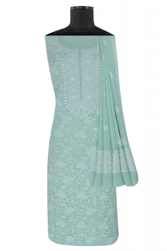 Ada Hand Embroidered Sea Green Pure Georgette Chikan Unstitched Suit Piece- A49696