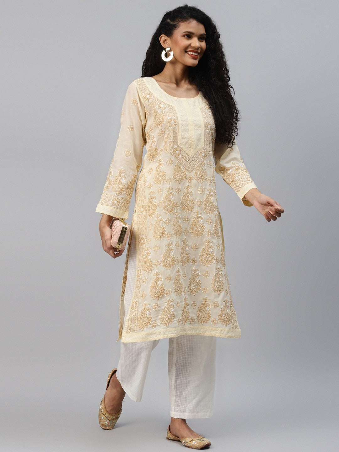 Ada Hand Embroidered Fawn Cotton Lucknowi Chikankari Straight Kurta A238244