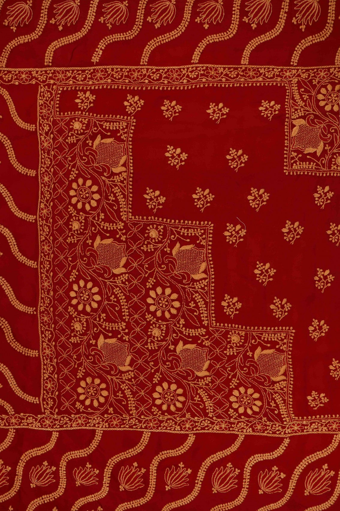 Ada Hand Embroidered Rust and Red Ombre Shade Pure Georgette Lucknowi Chikankari Saree With Blouse 01A224311