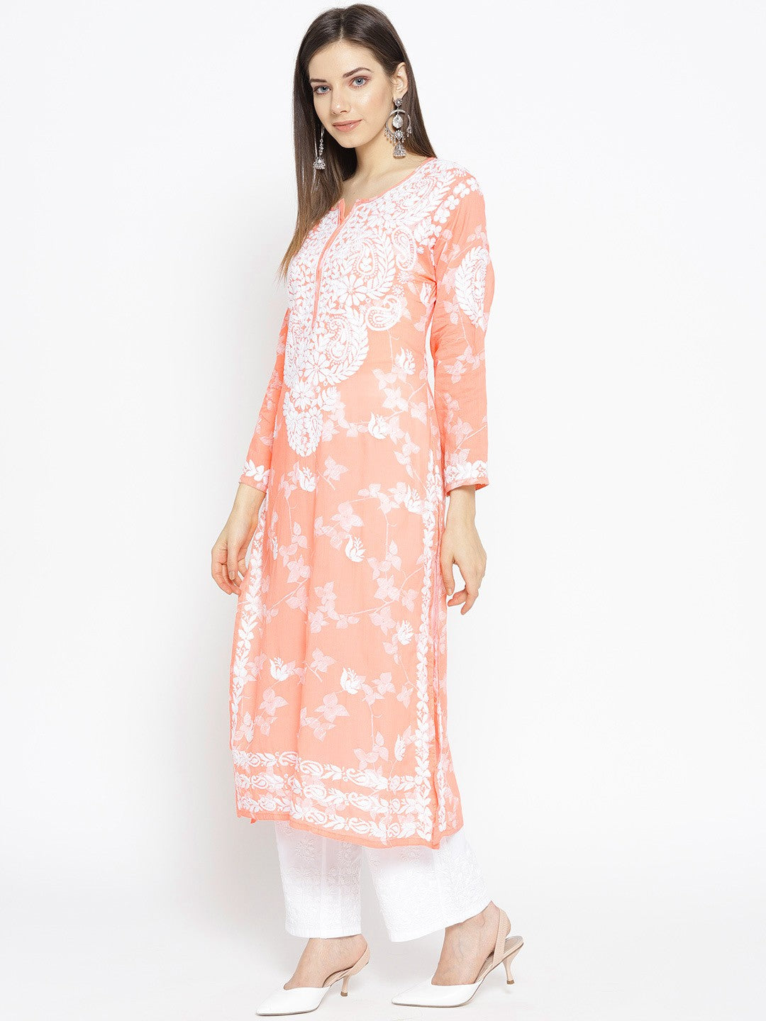 Ada Hand Embroidered Peach Cotton Lucknowi Chikankari Straight Kurta A100110