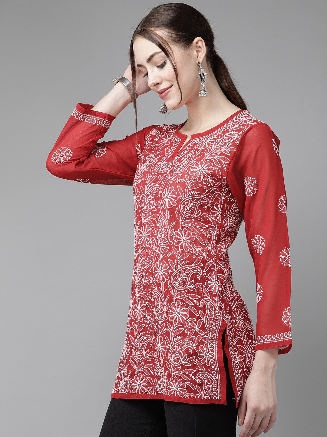 Ada Hand Embroidered Red Georgette Lucknowi Chikankari Straight Kurti A911230