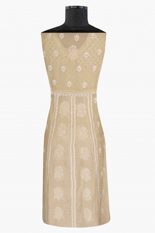 Ada Hand Embroidered Fawn Tissue Lucknowi Chikankari Semi-stitched Angarkha Style Anarkali Kurta With Muqaish Work-A595338