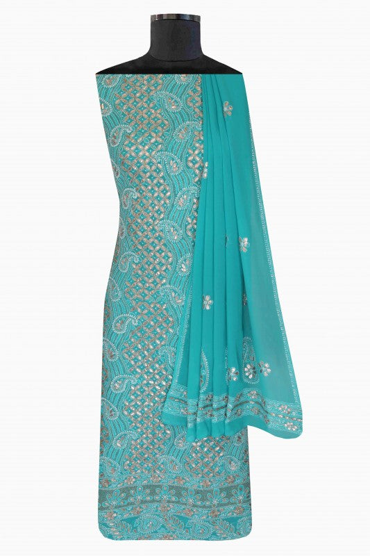 Ada Hand Embroidered Rama Green Georgette Lucknowi Chikan Unstitched Kurta Dupatta Set With Gota Patti Work A443924