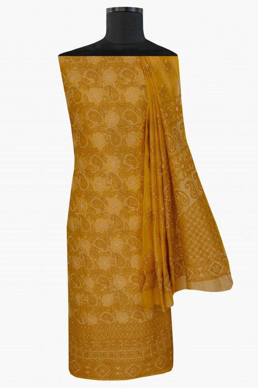 Ada Hand Embroidered Mustard Chanderi Lucknowi Chikan Unstitched Kurta Dupatta Set - A609611