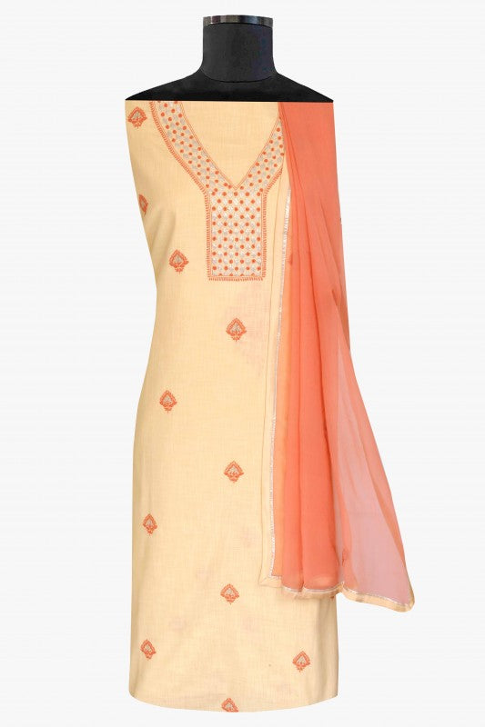 Ada Hand Embroidered Lemonade Cream Cotton Lucknowi Chikankari Unstitched Kurta Dupatta with Gota Patti Work A251257