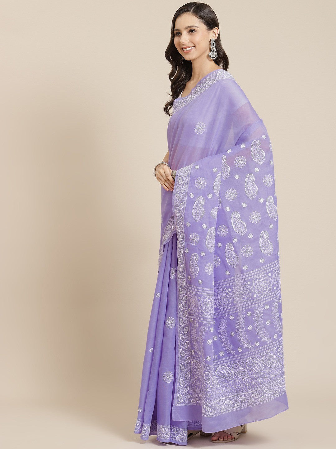 Ada Hand Embroidered Mauve Cotton Lucknow Chikan Saree With Blouse A311333
