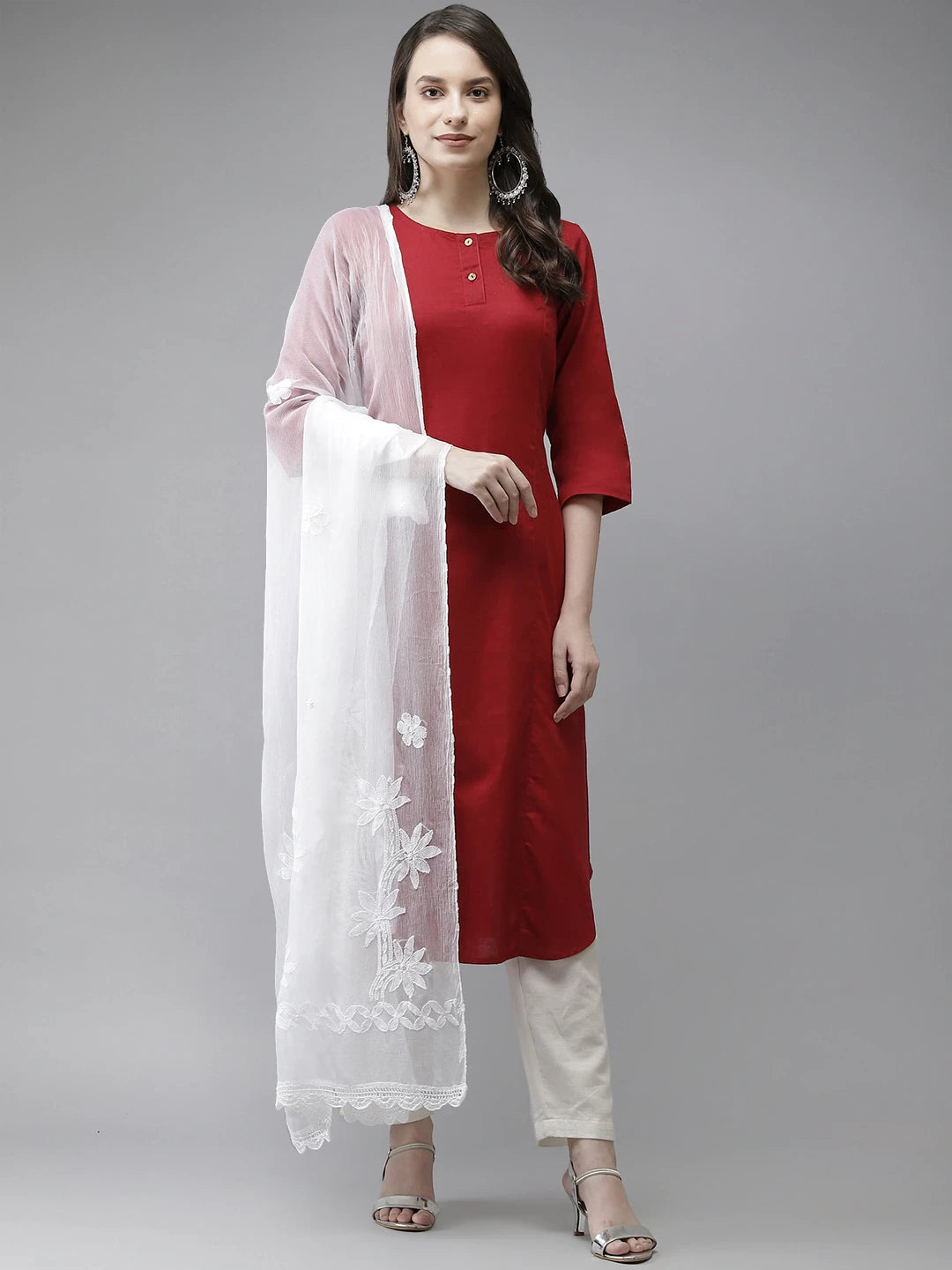 Ada Hand Embroidered White Chiffon Lucknowi Chikankari Dupatta A511183