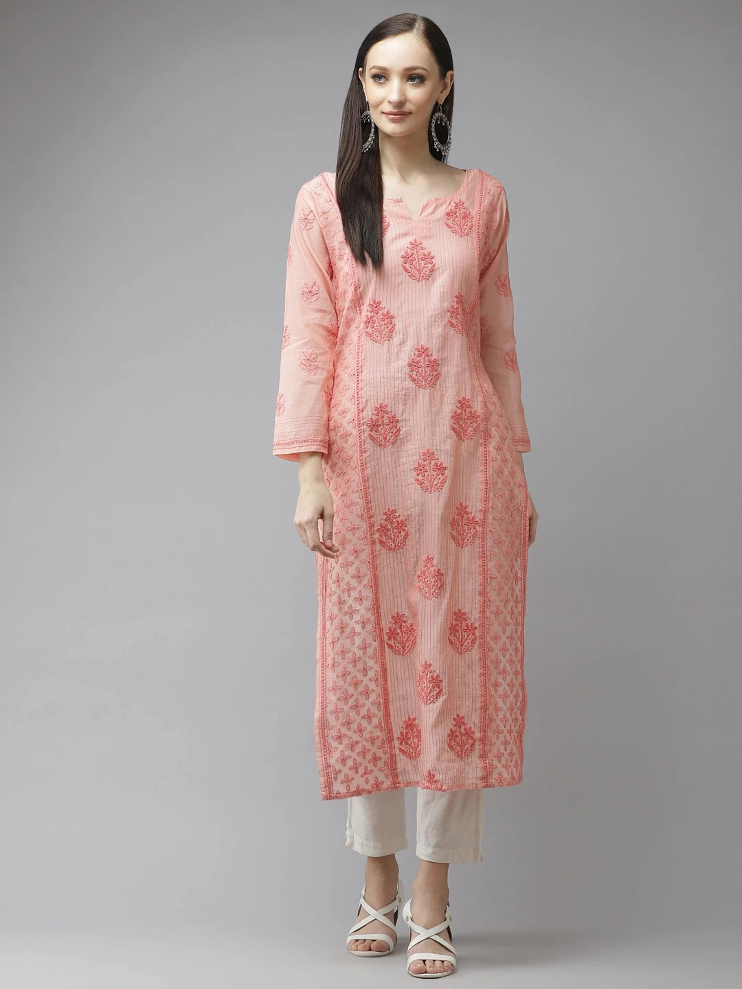 Ada Hand Embroidered Peach Chanderi Lucknow Chikankari Kurta-A411312