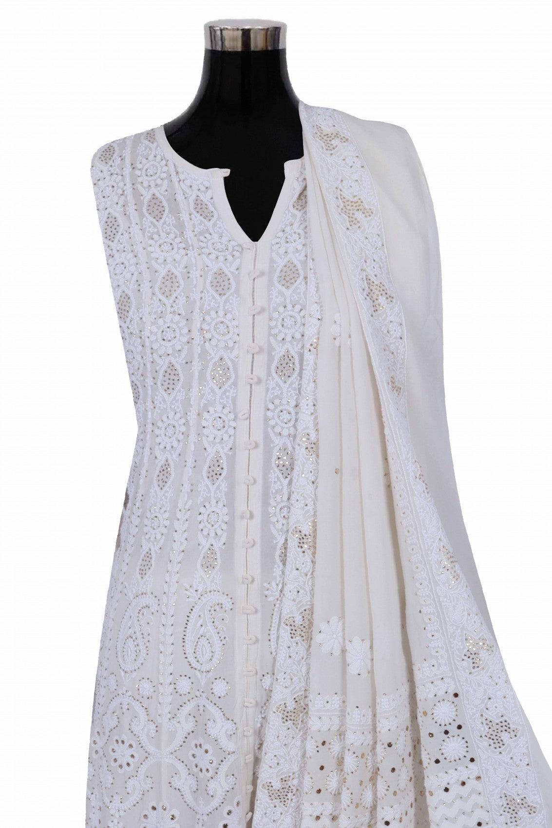Ada Hand Embroidered Off White Pure Georgette Lucknowi Chikankari Semi-Stitched Anarkali Kurta Dupatta Set With Muqaish Work 01A132506