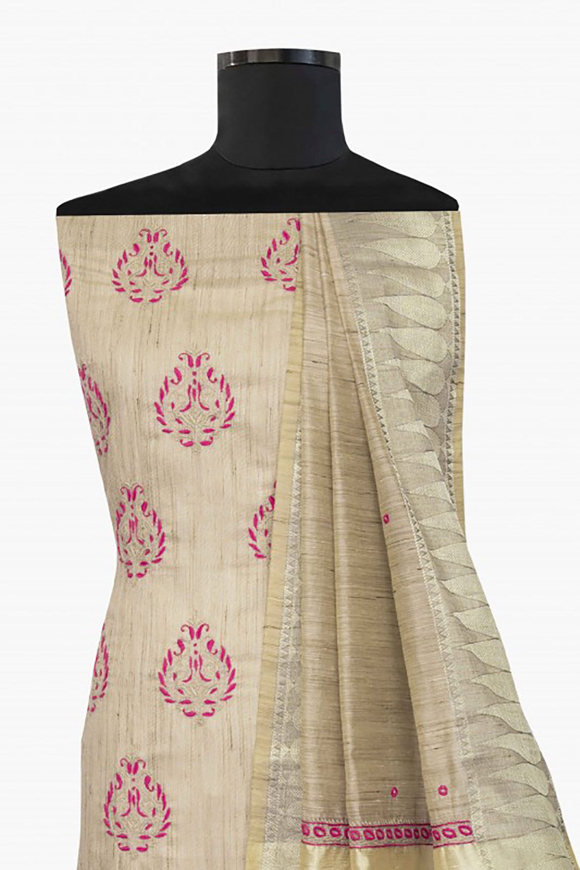 Ada Hand Embroidered Fawn Chanderi Lucknowi Chikankari Unstitched Kurta Dupatta Set A123224