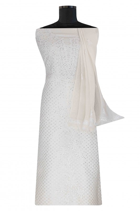 Ada Hand Embroidered Off White Organza Lucknowi Chikan Unstitched Kurta Dupatta With Muqaish Work– A604135