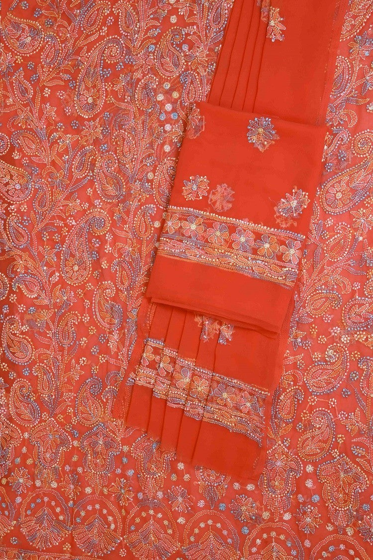 Ada Hand Embroidered Carrot Pink Georgette Lucknowi Chikankari Unstitched Suit Piece A211177