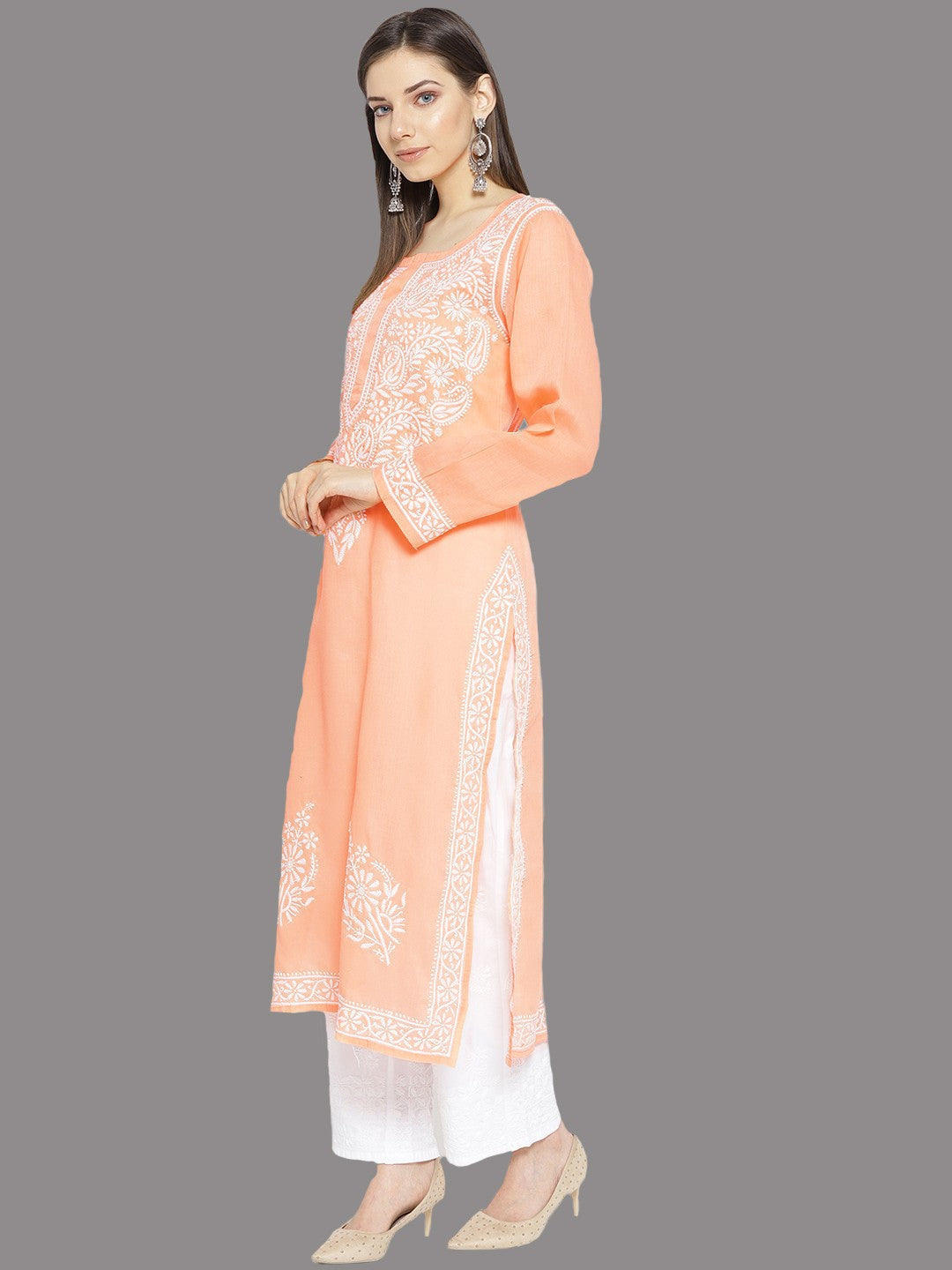 Ada Hand Embroidered Peach Cotton Lucknowi Chikankari Kurta Set A100127