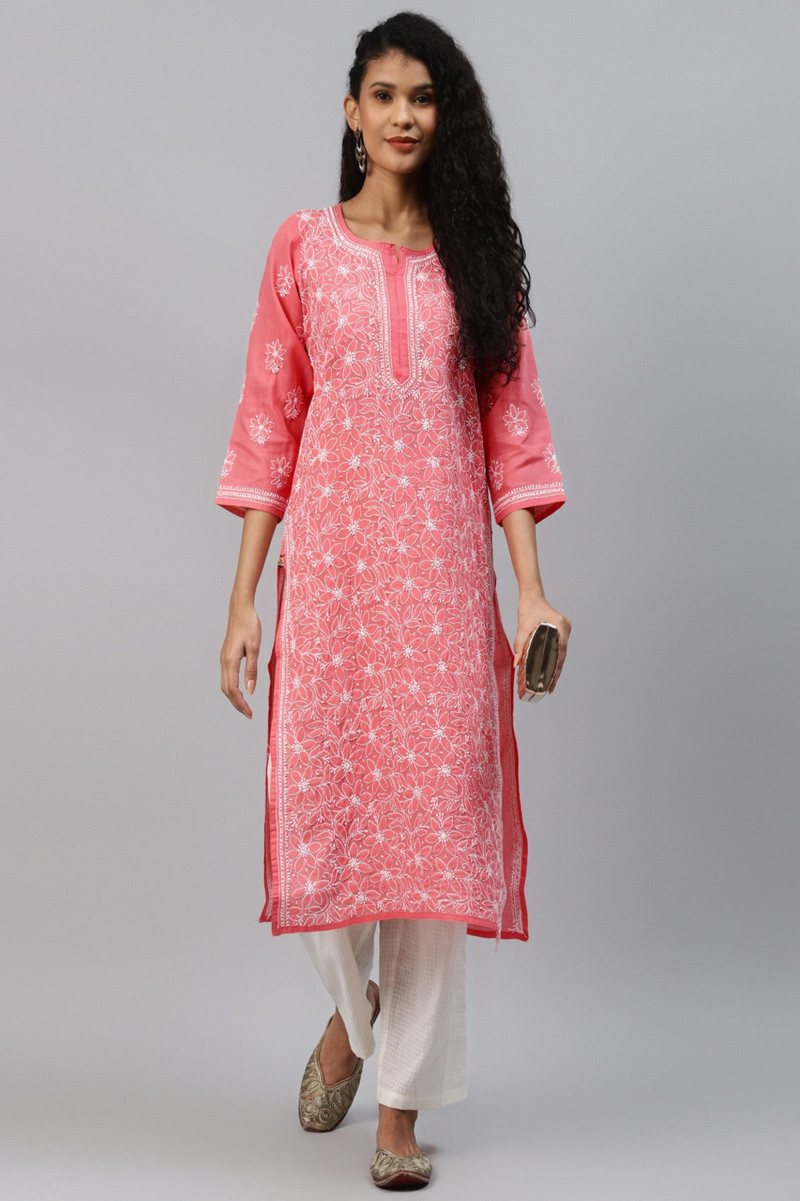 Ada Hand Embroidered Carrot Pink Cotton Lucknowi Chikankari Straight Kurta A411210