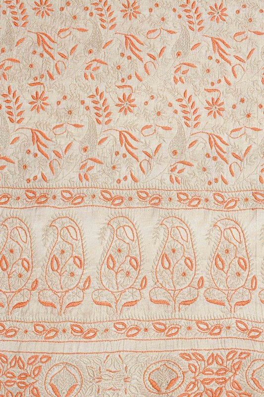 Ada Hand Embroidered Cream Tusser Silk Lucknowi Chikankari Unstitched Kurta Piece A232218