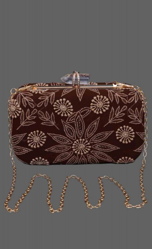 Ada Hand Embroidered Brown Pure Georgette Lucknow Chikankari Clutch- A548987