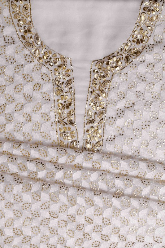Ada Hand Embroidered White Georgette Chikan Unstitched Kurta Piece With Muqaish Work A617641