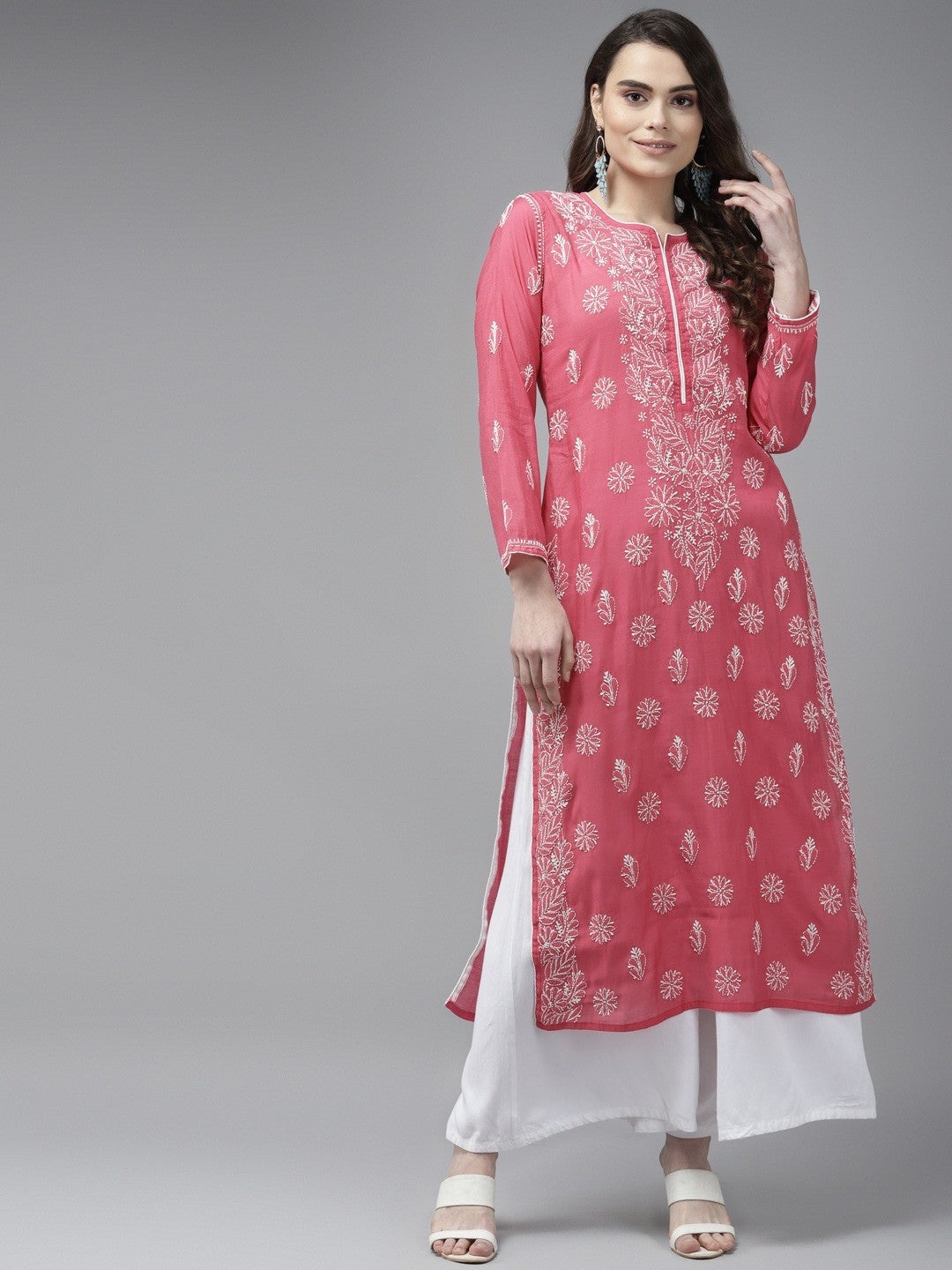 Ada Hand Embroidered Magenta Chanderi Lucknow Chikankari Straight Kurta A411341
