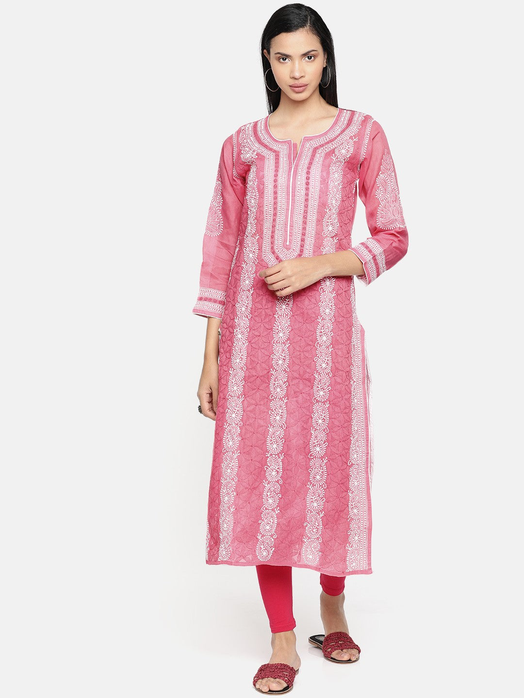 Ada Hand Embroidered Pink Cotton Lucknow Chikan Kurta- A241617